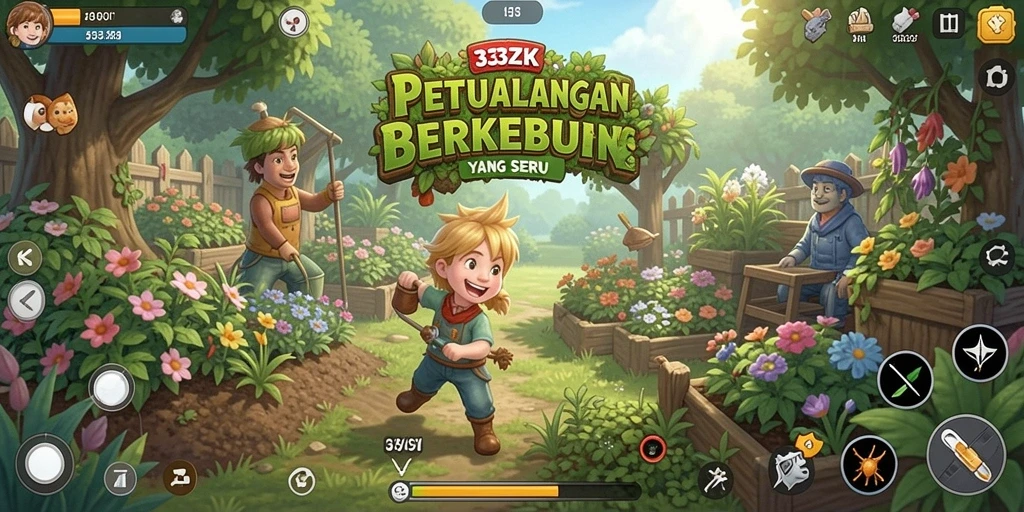 Tampilan gameplay 33ZK dengan lahan pertanian subur dan hewan ternak.