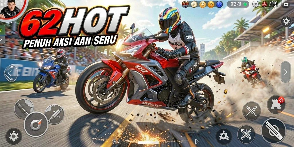 Tampilan gameplay 62HOT menunjukkan balapan motor yang seru dan mendebarkan.