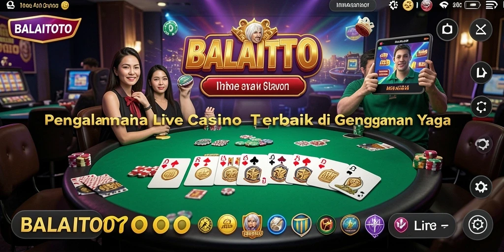 Screenshot gameplay BALAITOTO menampilkan dealer langsung dan suasana kasino yang hidup.