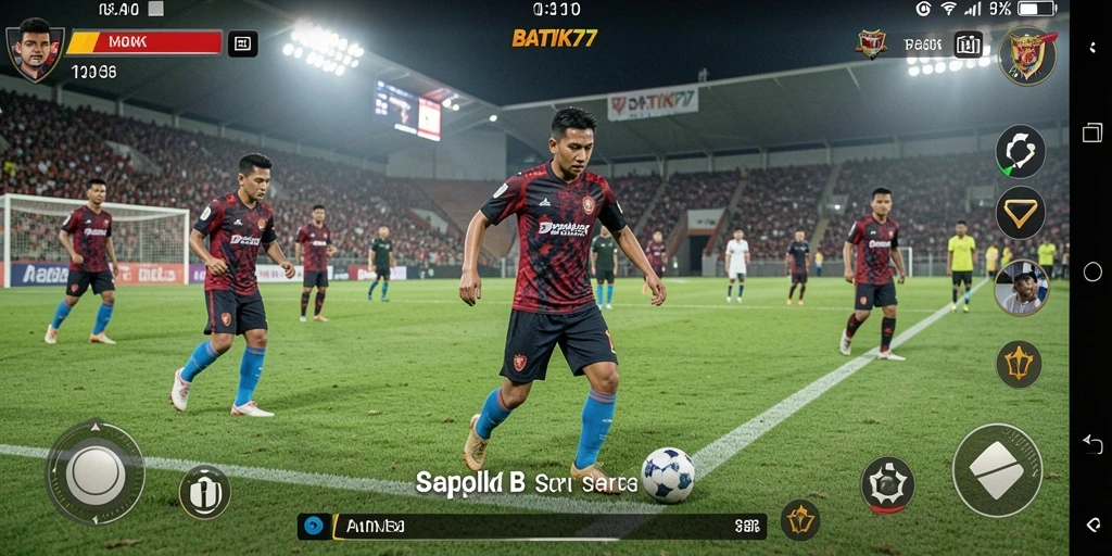 Screenshot utama menunjukkan aksi bermain sepak bola yang mendebarkan.