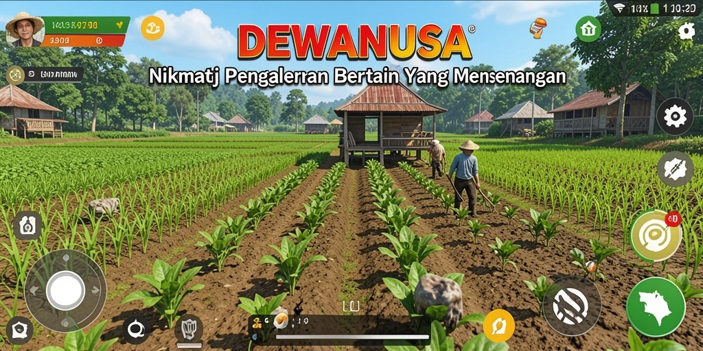 Screenshot gameplay DEWANUSA dengan kebun yang indah dan aktivitas pertanian.
