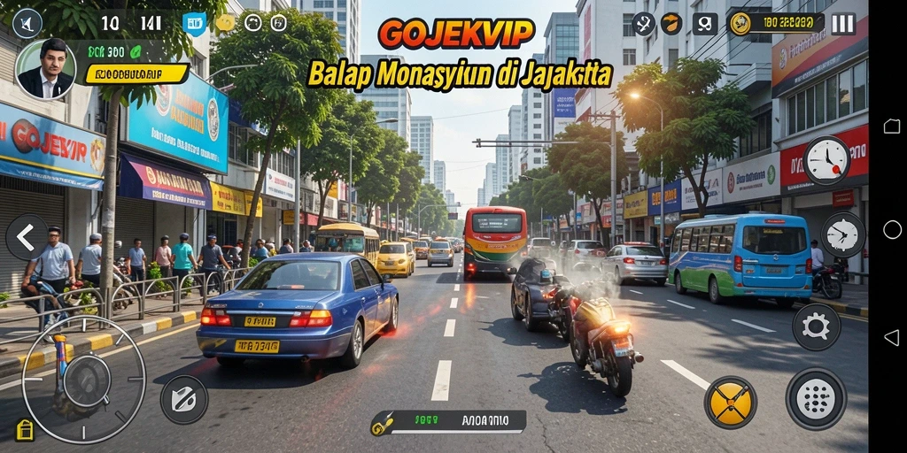 Screenshot GOJEKVIP menampilkan aksi balapan yang mendebarkan di jalanan Jakarta.