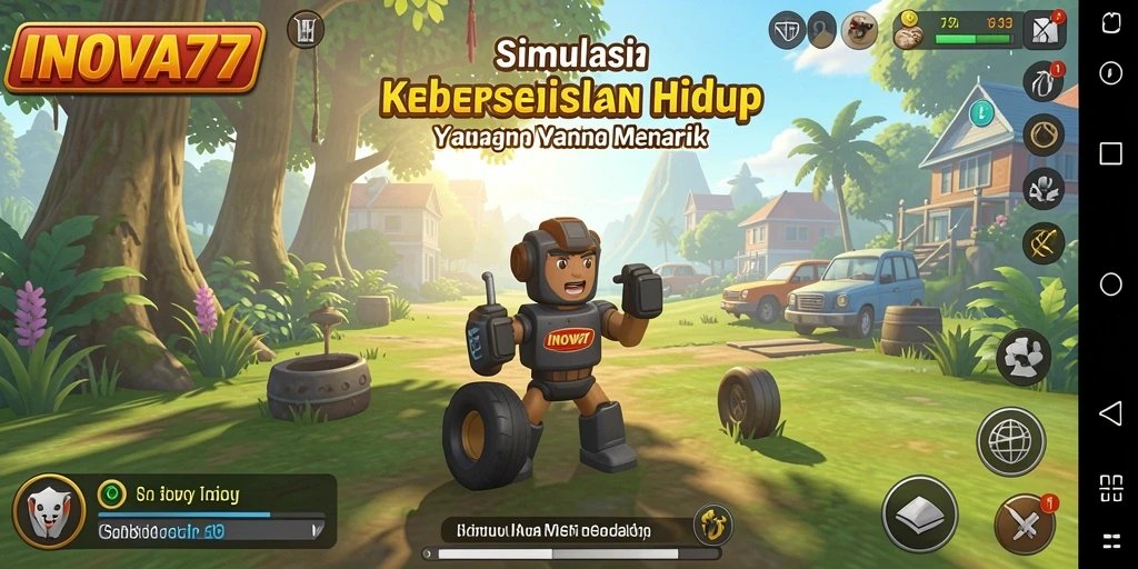 Tampilan utama gameplay <strong>INOVA77</strong> menunjukkan berbagai pilihan karakter dan latar belakang yang menarik.