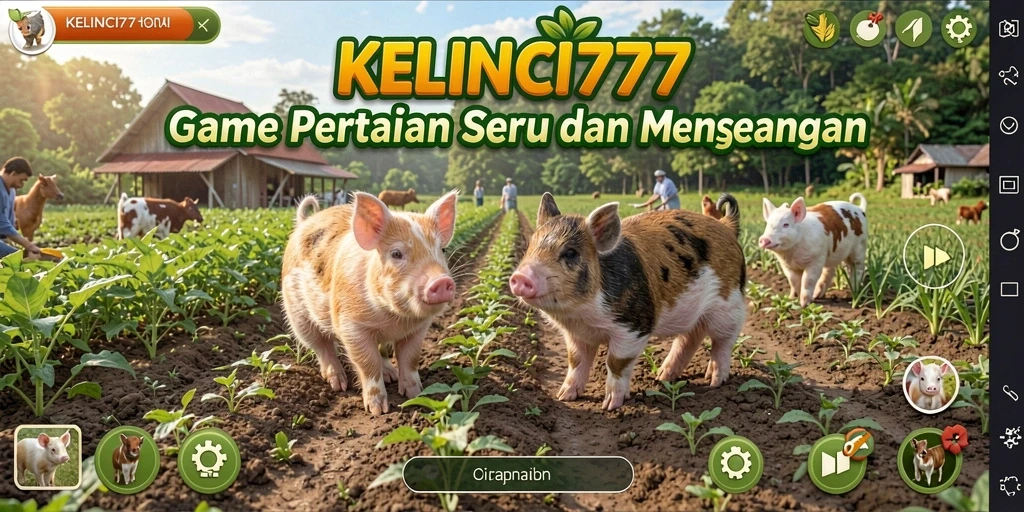 Screenshot gameplay <strong>KELINCI777</strong> menampilkan kebun yang cantik dan hewan ternak lucu.