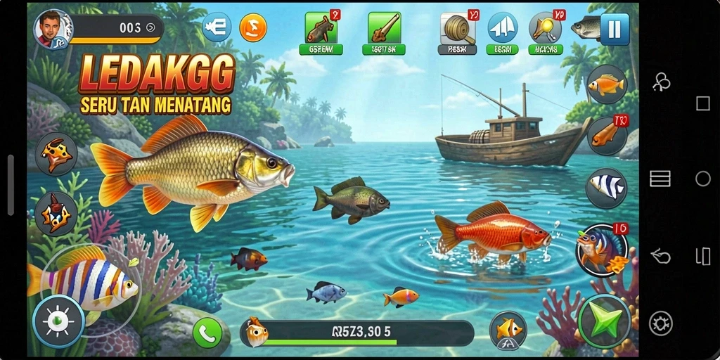 Tampilan permainan memancing yang seru di LEDAKGG dengan berbagai jenis ikan.