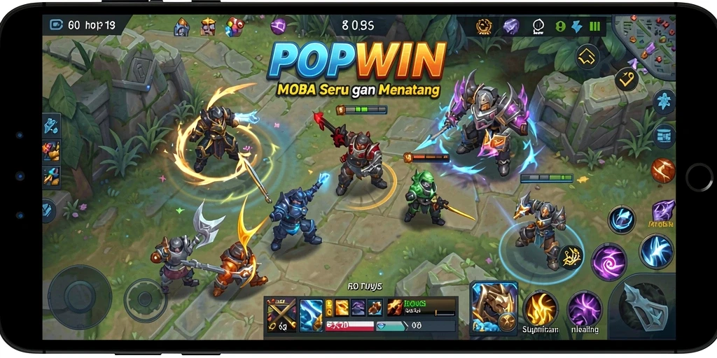 Gameplay seru dengan banyak karakter dan strategi di arena MOBA.