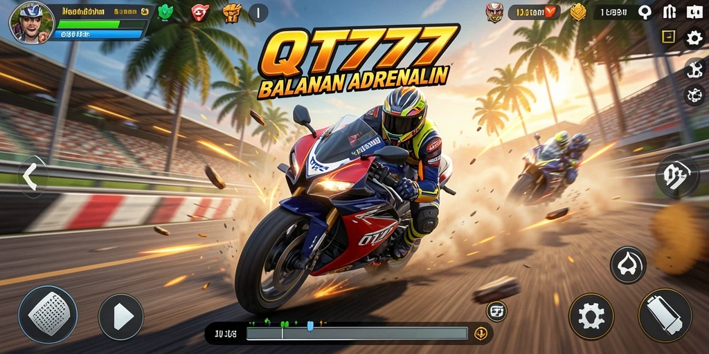 Gameplay QT777 menampilkan balapan motor yang mendebarkan dan intens.