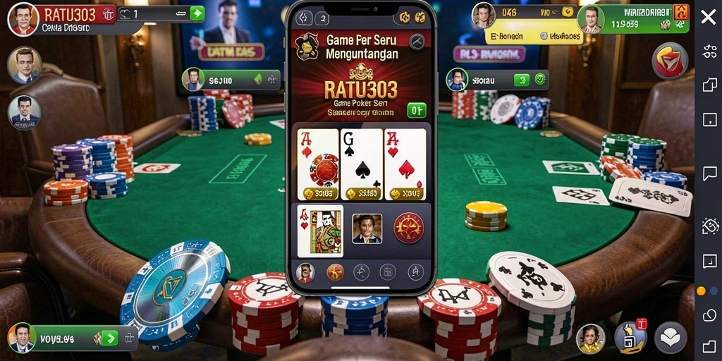 Screenshot gameplay RATU303 menunjukkan suasana meja Poker yang ramai dan menarik.