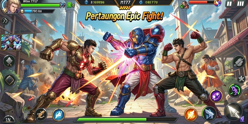 Screenshot gameplay WIN777 menampilkan duel mendebarkan dengan karakter yang berbeda.
